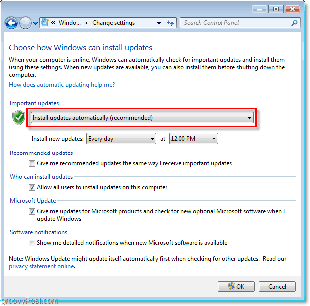 Windows 7 - Снимка на менюто за конфигурация на актуализацията на Windows
