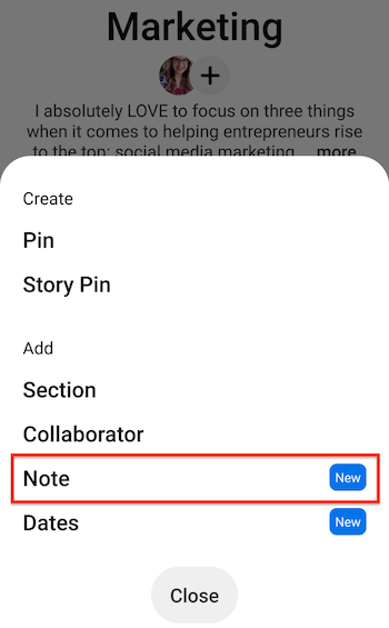 pinterest бордова мобилна екранна снимка с опции за създаване / добавяне на меню, показващи опцията за бележка, подчертана