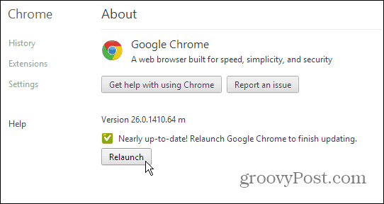 Страница за информация за Google Chrome - Актуализиране и рестартиране