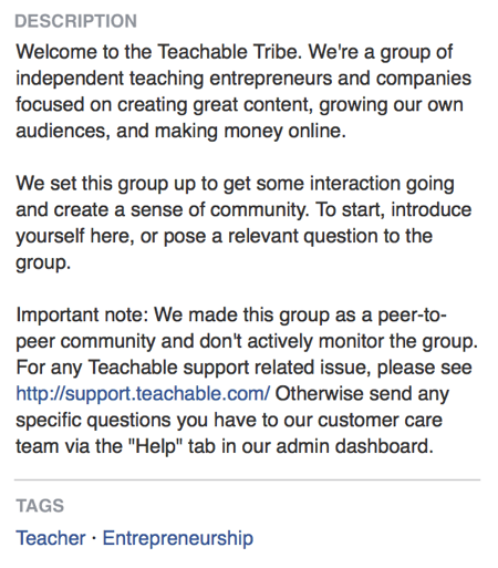 В описанието на групата във Facebook Teachable директно заявява, че нейната група във Facebook е за създаване на общност.