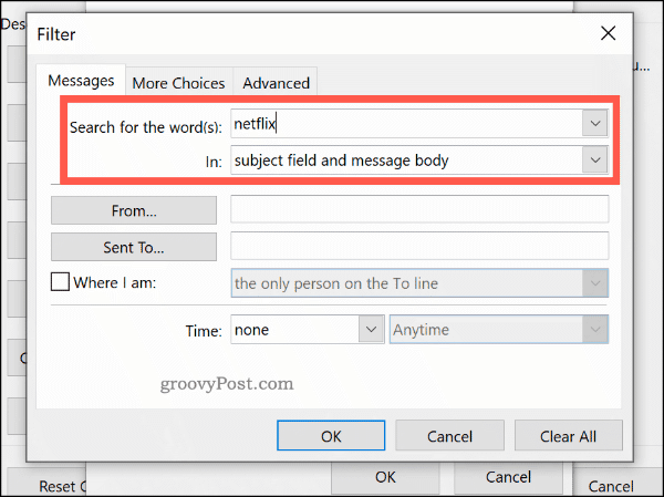 Условно форматиране по ключова дума в Outlook