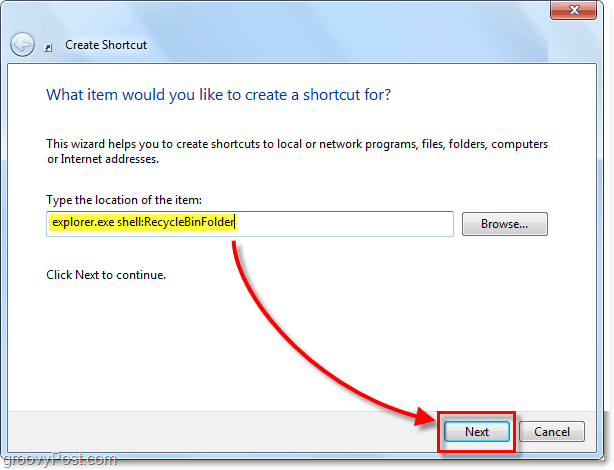 добавете разширението шел Explorer Explorer като пряк път към Windows 7