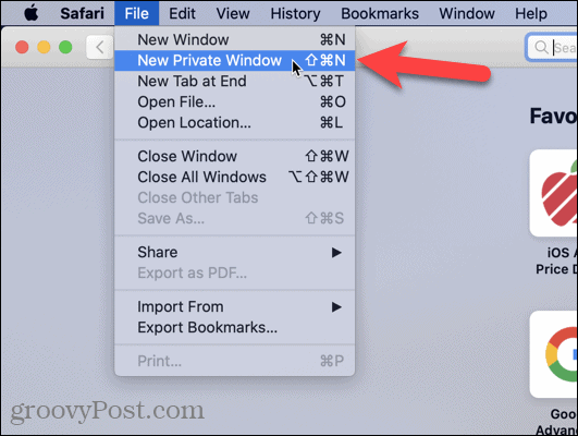 Изберете Нов частен прозорец в Safari на Mac