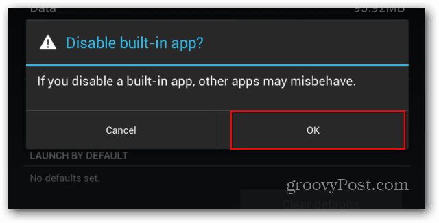 Потвърдете деактивиране на приложението по подразбиране Nexus 7