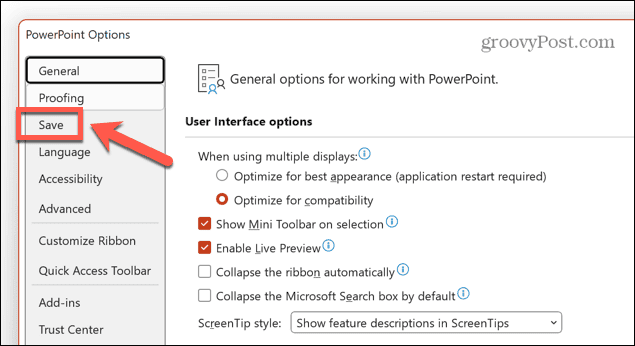 меню за запазване на powerpoint