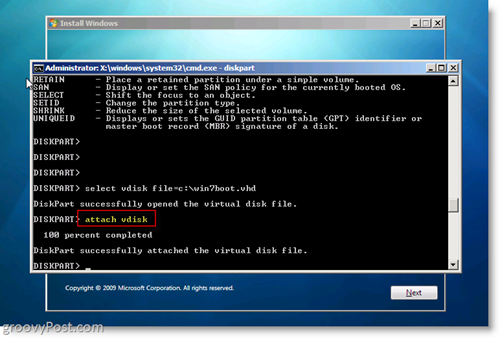 Windows 7 Native VHD Инсталирайте Dual Boot Attach VHD от CMD Prompt