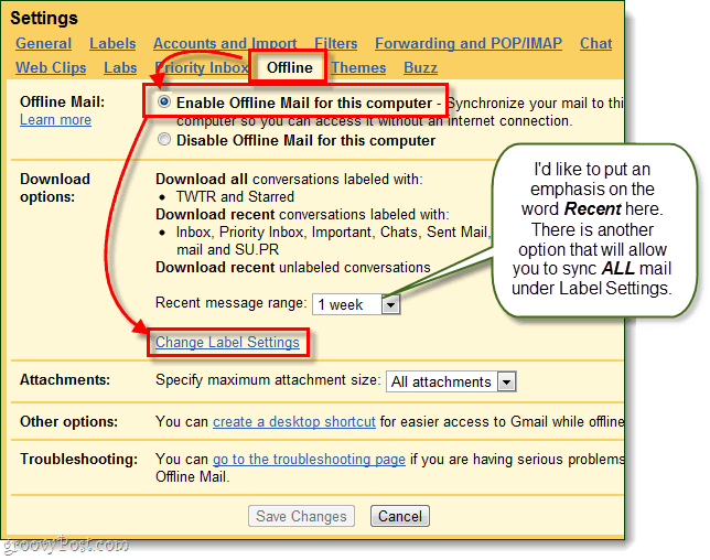 gmail активирате офлайн поща за компютър и променете настройките на етикета