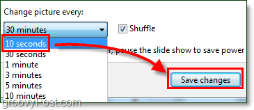 задайте скоростта на въртене на фона на Windows 7 на 10 секунди и запазете, променете я, когато сте готови