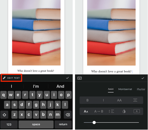 Създайте разгъната история на Instagram стъпка 5, показваща опции за редактиране на текст.