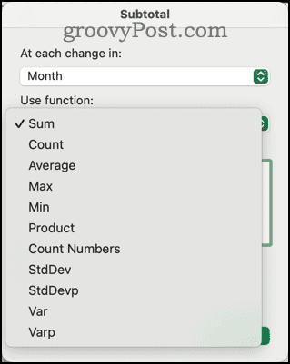 Различни функции, налични в диалоговия прозорец за междинна сума в Excel