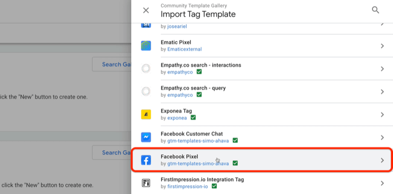 google tag manager общност галерия с шаблони галерия за импортиране на тагове с примерни шаблони на ematic pixel, exponea tag, facebook клиентски чат, наред с други с facebook pixel подчертано