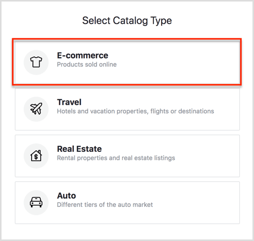 Изберете опции за тип каталог във Facebook Catalog Manager