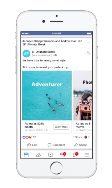 Facebook пусна нов тип динамична реклама за пътуване, наречена „обмисляне на пътуването“.
