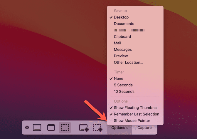 Опции на лентата за екранни снимки на Mac