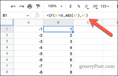 Използване на оператор IF за промяна на отрицателните числа в положителни в Google Таблици