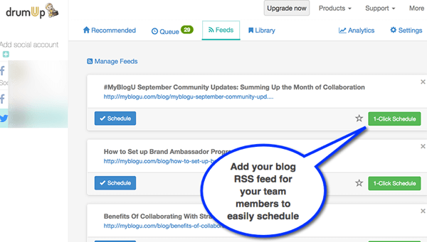 DrumUp ви позволява да импортирате RSS емисията на вашия фирмен блог и улеснява служителите да споделят съдържание.