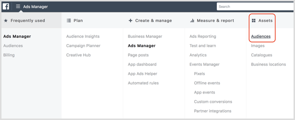 Табло за управление на аудитории на Facebook Ads Manager