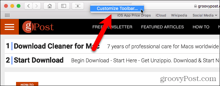 Изберете Персонализиране на лентата с инструменти в Safari за Mac