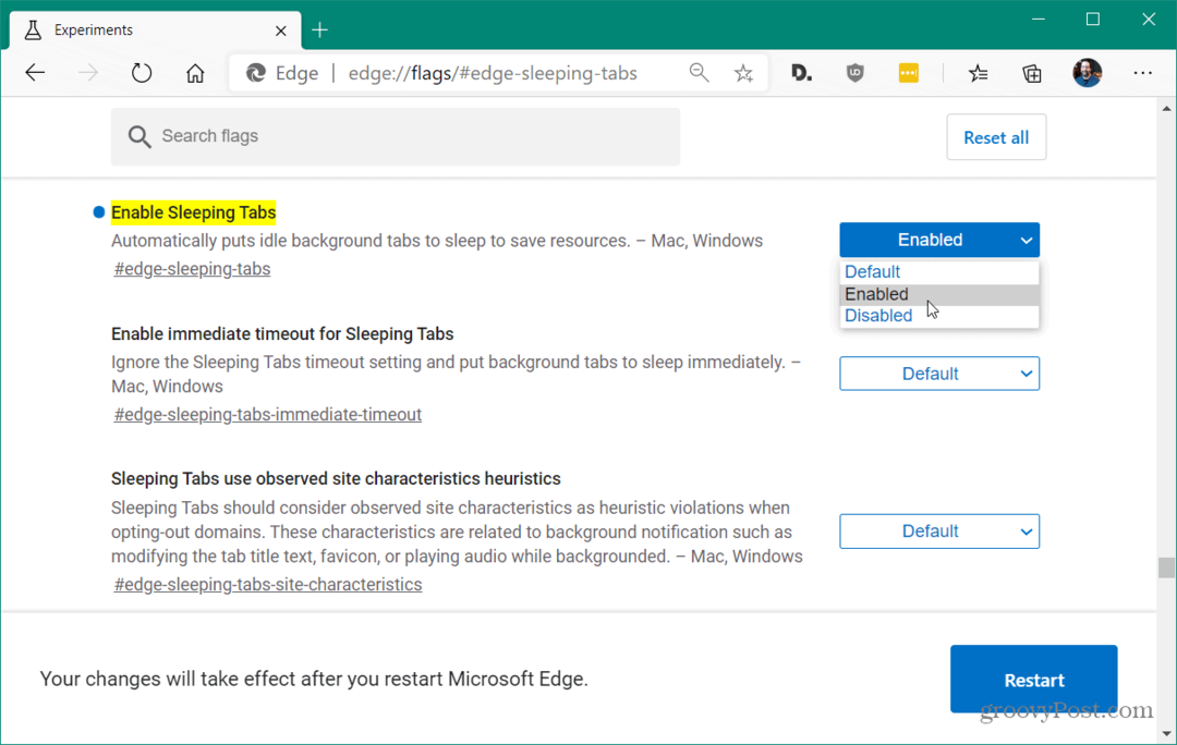 Как да активирам спящите раздели в Microsoft Edge
