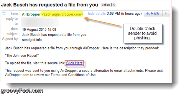 AirDropper Dropbox - Файл с искане по имейл