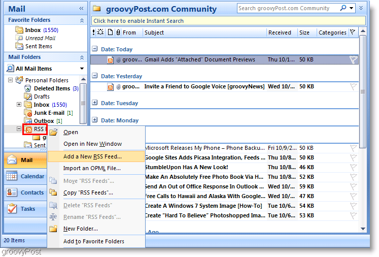 Снимка на екрана Microsoft Outlook 2007 Добавете нова RSS емисия