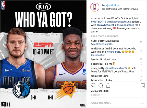 НБА се обедини със спонсора Kia Motors, за да раздаде билети за игра в началото на сезона в Instagram.