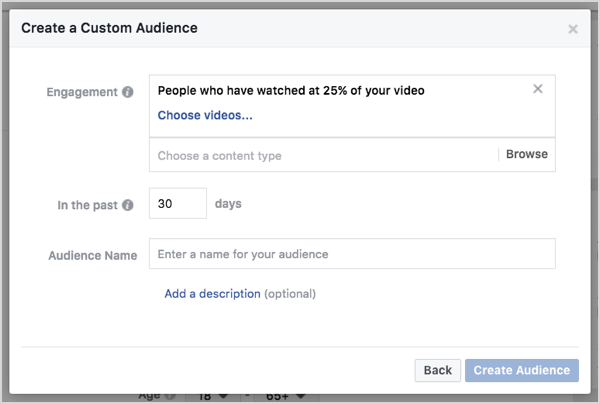 Персонализирана аудитория във Facebook въз основа на гледания на видео за 30 дни.