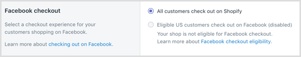 В Shopify изберете опит за плащане за вашите клиенти, пазаруващи във Facebook.