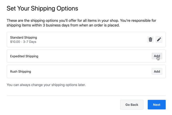 снимка на екрана пример за опции за доставка на facebook магазин, които може да са налични