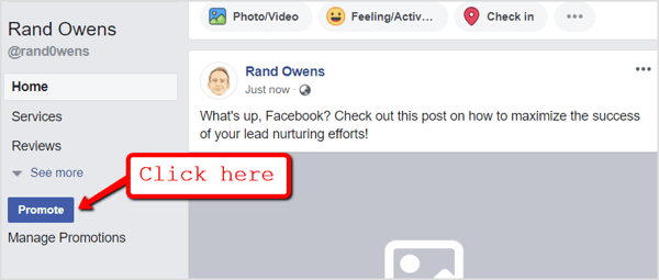 Насочете се към страницата си във Facebook и кликнете върху бутона Популяризиране под навигационните раздели.