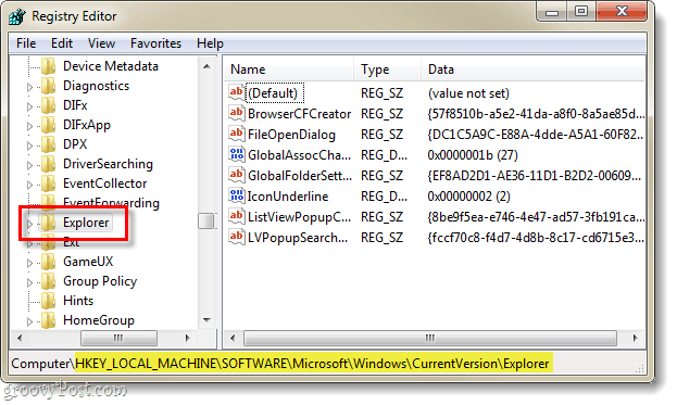намерете ключа за регистрация, отнасящ се до текущата версия на Explorer в регистъра на Windows 7