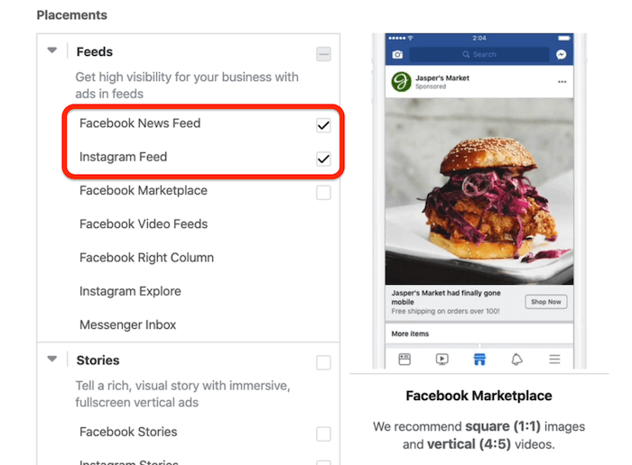 Facebook News Feed и Instagram Feed разположения, избрани на ниво набор от реклами в Facebook Ads Manager