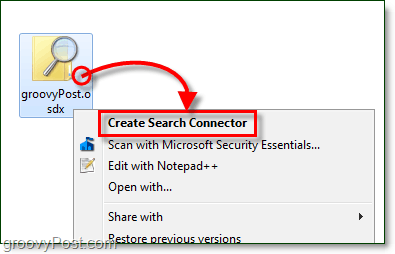 щракнете с десния бутон върху вашия работен плот и след това щракнете върху файла osdx, който е конектор за търсене и след това щракнете върху създаване на конектор за търсене за Windows 7
