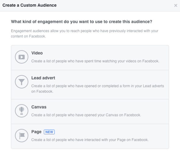 Facebook ви позволява да създадете четири потребителски аудитории, базирани на ангажираност.