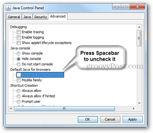 деактивирайте Internet Explorer Java