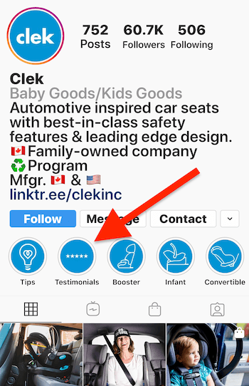 Instagram Stories подчертава албум за препоръки в бизнес профила на Clek