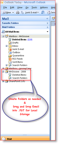 Входяща пощенска кутия на Outlook 2007, показваща .PST файл с лични данни в панела за навигация:: groovyPost.com