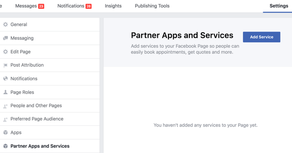 Щракнете върху Партньорски приложения и услуги в настройките на страницата си във Facebook.