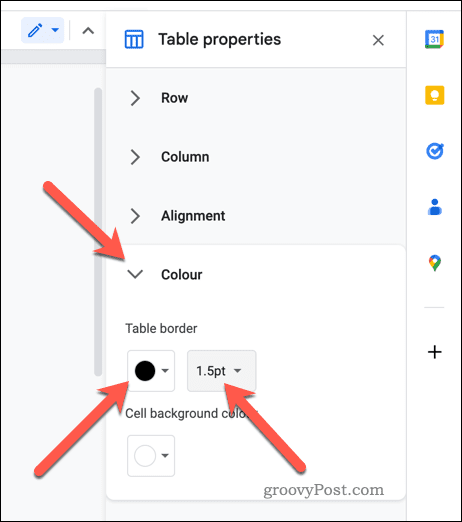 Задайте свойства на рамката на таблицата в Google Документи