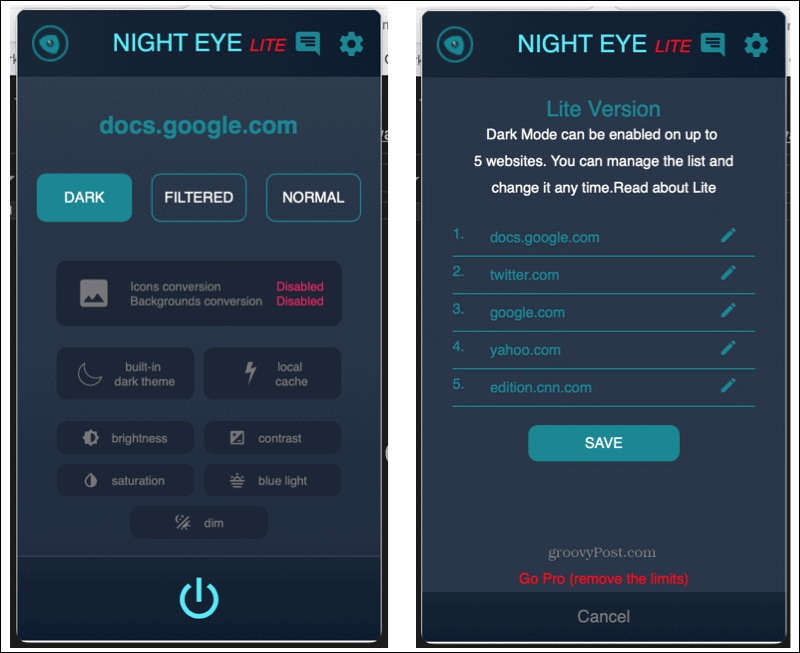 Разширение Night Eye в Safari