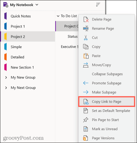 Копирайте връзка към страницата в OneNote за Windows 10