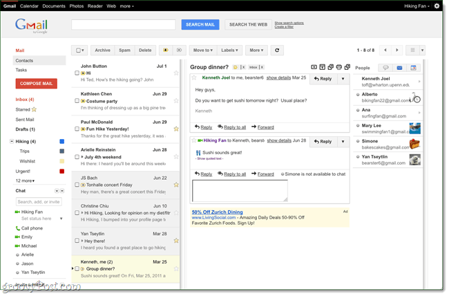 Gmail Labs: Нов прозорец за четене, също като Outlook