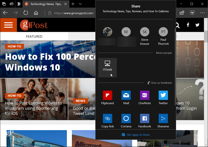 Windows 10 Microsoft Edge близо до споделяне