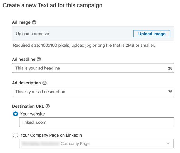 Как да създадете текстова реклама в LinkedIn, стъпка 12, настройки на рекламния текст