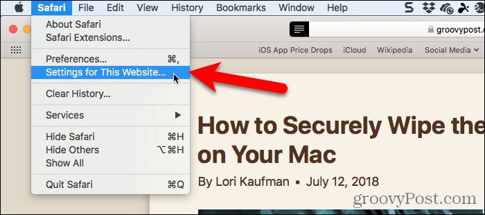 Изберете Настройки за този уебсайт в Safari за Mac