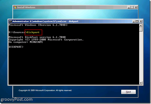 Windows 7 Native VHD Install Dual Boot Launch Diskpart 6.1.7048 от CMD Подкана за изграждане на VHD файл