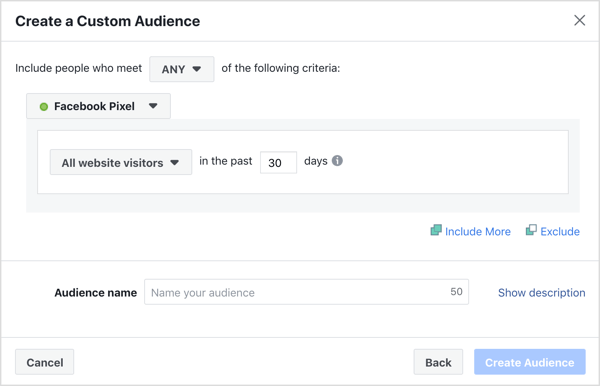 Настройки по подразбиране за създаване на потребителска аудитория на уебсайт на Facebook.