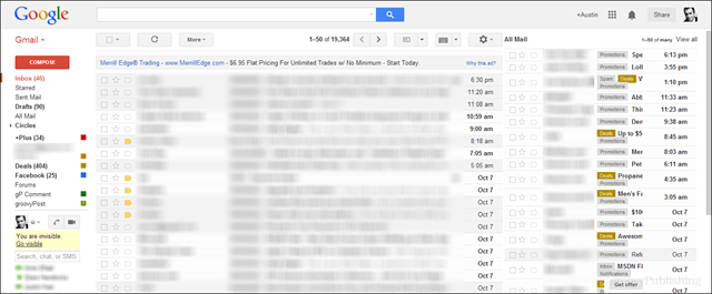 визуализация на екрана на gmail с цялата поща във втория прозорец вдясно