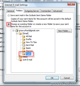 Настройка на папка SEND Mail за iMAP акаунт в Outlook 2007:: Изберете Trash Folder