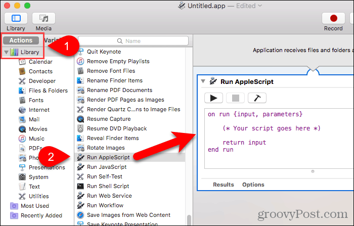 Плъзнете Изпълнете AppleScript към панела на работния процес в Automator